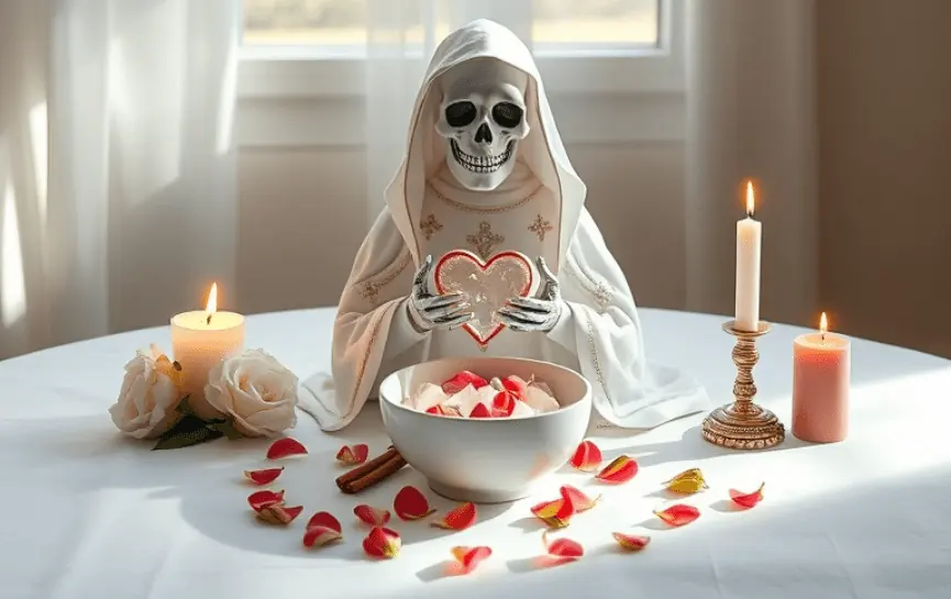 Oración a la Santa Muerte Blanca para el Amor: Figura de la Santa Muerte en manto blanco bordado con detalles dorados, sosteniendo un corazón blanco frente a un bol con pétalos rojos y blancos. Altar decorado con velas encendidas, flores blancas y ramas verdes.