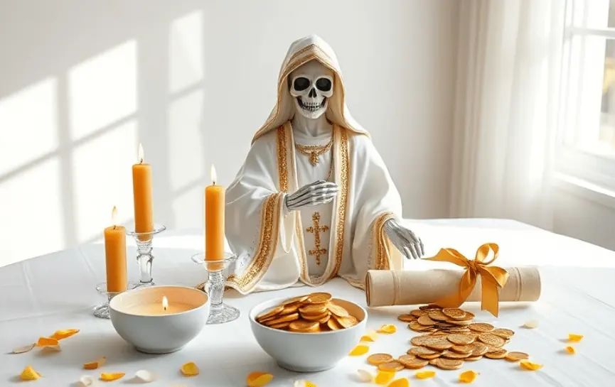 Oración a la Santa Muerte Blanca para el Dinero: La Santa Muerte Blanca rodeada de cuatro velas amarillas encendidas, dos tazones llenos de monedas doradas y un pergamino enrollado con un lazo dorado, sobre un altar blanco decorado con pétalos amarillos.