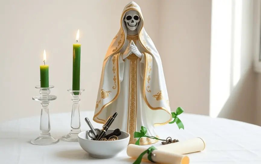 Oración a la Santa Muerte Blanca para el Trabajo: Una figura de la Santa Muerte Blanca con detalles dorados, flanqueada por dos velas verdes encendidas, recipientes con objetos relacionados al trabajo, y pergaminos atados con cintas verdes sobre una mesa cubierta con un mantel blanco iluminada por luz natural.