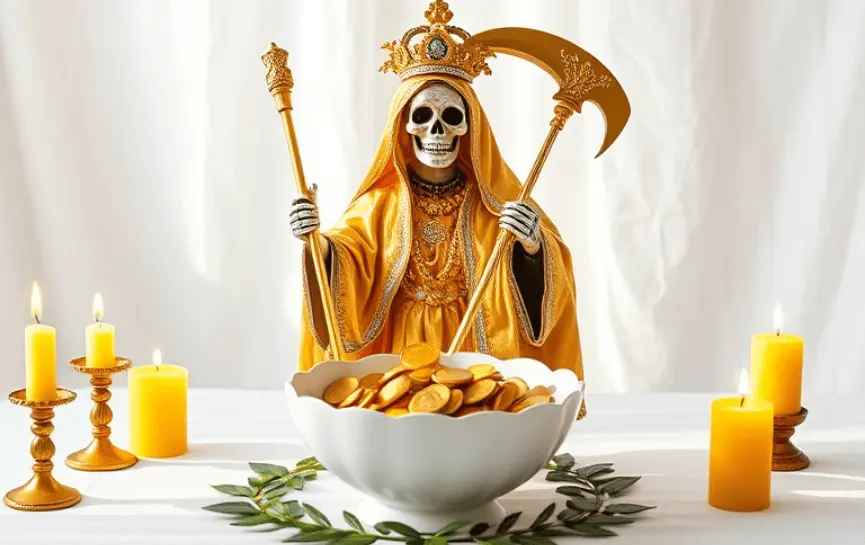 Oración a la Santa Muerte Dorada para el Dinero: Una figura de la Santa Muerte Dorada coronada, portando una guadaña dorada y rodeada de velas amarillas encendidas. Frente a ella, un recipiente blanco lleno de monedas doradas, acompañado de detalles en oro y un altar decorado con laureles verdes.