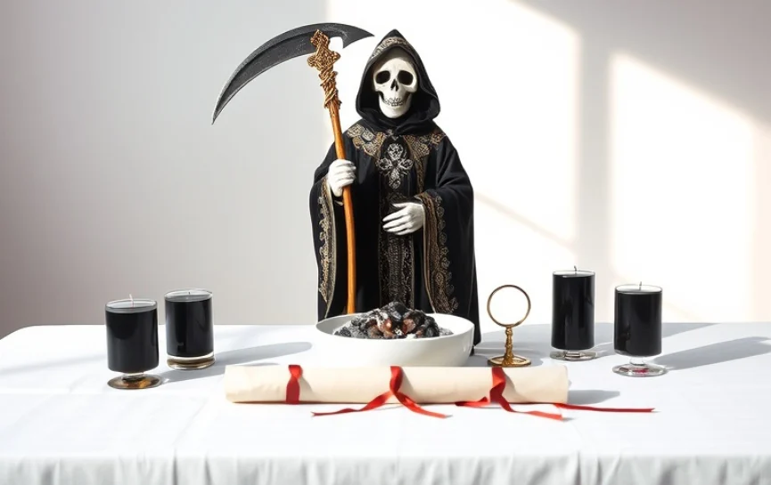 Oración a la Santa Muerte Negra para Casos Difíciles: Una estatua de la Santa Muerte Negra con una guadaña ornamentada, rodeada de tres velas negras encendidas, un cuenco con carbones y un pergamino con cinta roja, sobre un altar blanco decorado con luz solar.