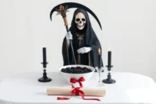 Oración a la Santa Muerte Negra para Pedir un Favor Grande o Urgente: Una figura de la Santa Muerte Negra sosteniendo una guadaña dorada, acompañada de dos velas negras encendidas, un cuenco grande lleno de pétalos oscuros y un pergamino blanco con cinta roja, sobre un altar blanco.