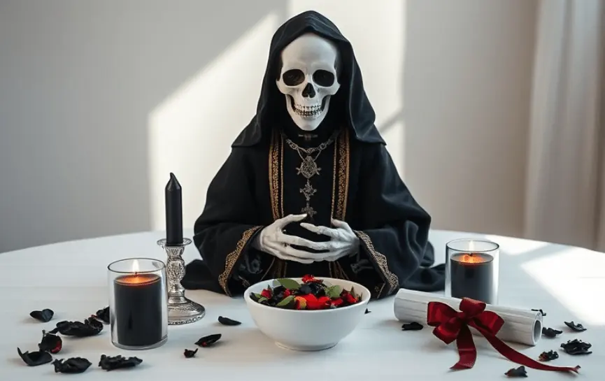 Oración a la Santa Muerte Negra para Pedir un Favor: Una estatua de la Santa Muerte Negra con un manto detallado, dos velas negras encendidas, un cuenco blanco con pétalos negros y rojos, y un pergamino con cinta roja, sobre un altar blanco.