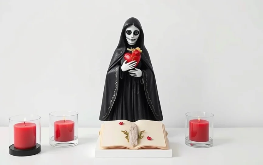 Oración a la Santa Muerte Negra para el Amor: Una estatua de la Santa Muerte Negra sosteniendo un corazón rojo frente a un libro abierto decorado con pétalos, rodeada de cuatro velas rojas encendidas sobre una mesa blanca.