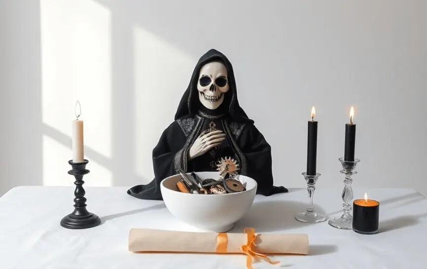 Oración a la Santa Muerte Negra para el Trabajo: Una estatua de la Santa Muerte Negra con detalles ornamentados, rodeada por tres velas negras y una blanca encendidas, un bol con piezas mecánicas y un pergamino con cinta dorada, todo dispuesto sobre un altar iluminado por luz natural.