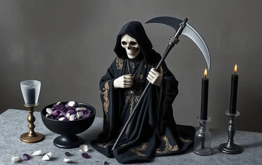 Oración a la Santa Muerte Negra para que Me Llame: Una estatua de la Santa Muerte Negra con detalles dorados, rodeada de dos velas negras encendidas, un bol con pétalos blancos y morados, y una vela gris sobre un altar gris.