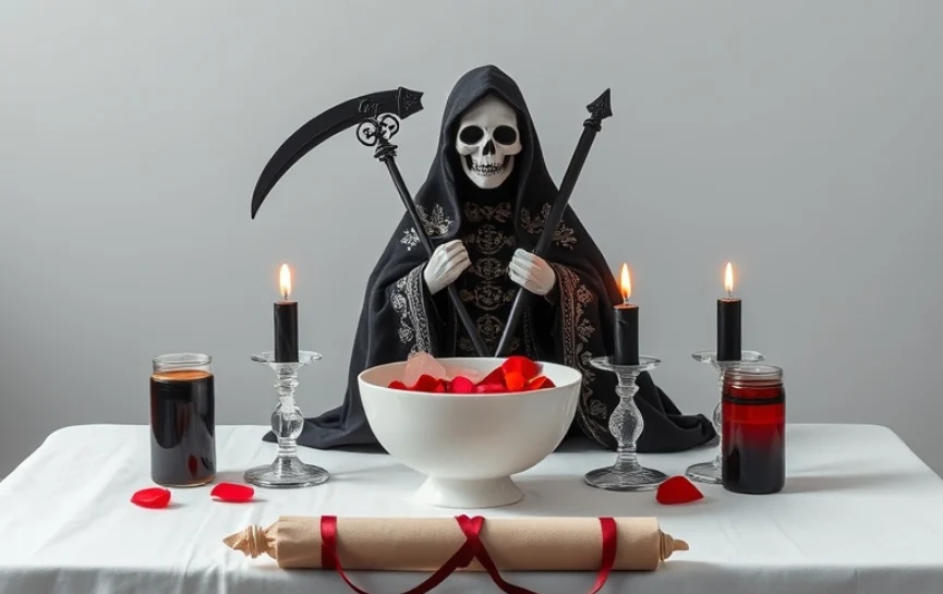 Oración a la Santa Muerte Negra para que Regrese: Una estatua de la Santa Muerte Negra sosteniendo dos guadañas cruzadas, rodeada de dos velas negras y una roja encendidas, un bol con pétalos rojos y un pergamino con cinta roja, en un altar blanco.