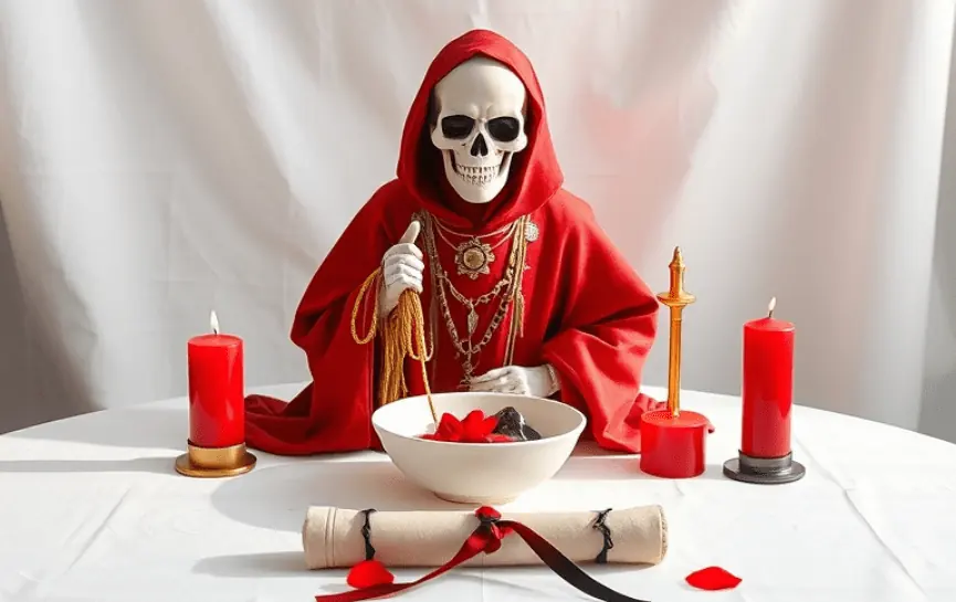 Oración a la Santa Muerte Roja para Dominar: Una estatua de la Santa Muerte Roja con collares dorados, junto a velas rojas encendidas, un bol con pétalos y un objeto oscuro, y un pergamino atado con cinta negra y roja, sobre un altar blanco.