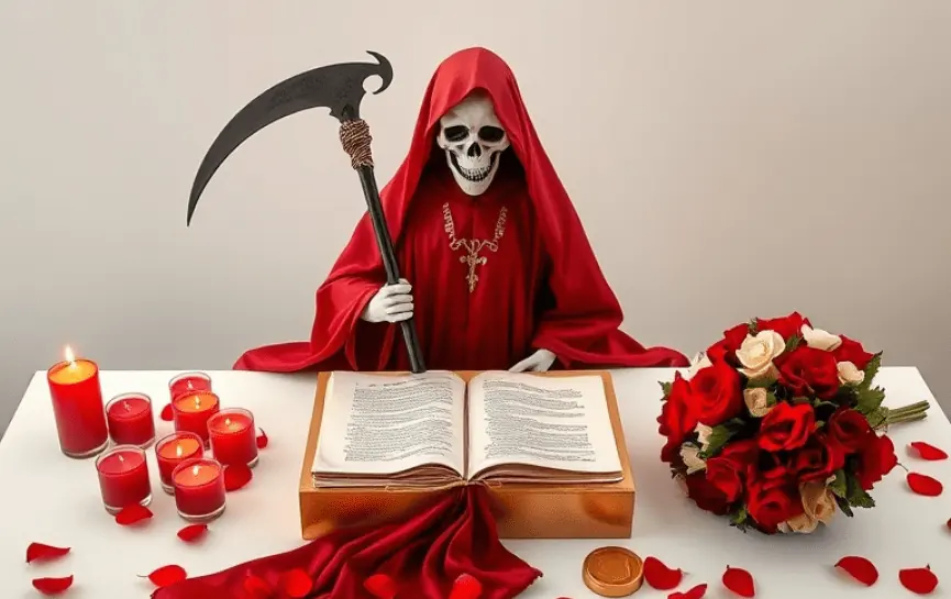 Oración a la Santa Muerte Roja para Pedir un Favor:
La Santa Muerte Roja con una guadaña negra, posando detrás de un libro abierto. En el altar hay múltiples velas rojas encendidas, pétalos de rosa esparcidos, y un ramo de rosas blancas y rojas colocado al lado del libro.