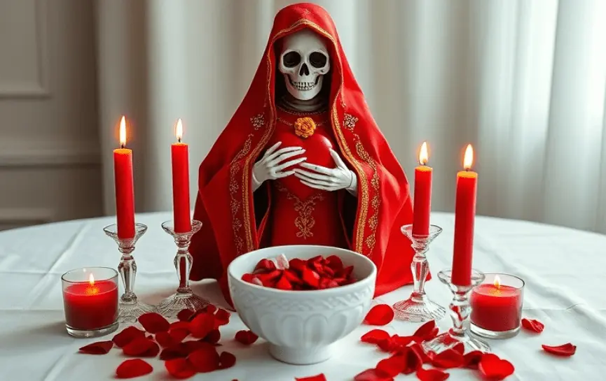 Oración a la Santa Muerte Roja para el Amor: Una estatua de la Santa Muerte Roja con un corazón entre sus manos, flanqueada por dos velas rojas en candelabros de cristal y rodeada de pétalos de rosa rojos, sobre un mantel blanco.