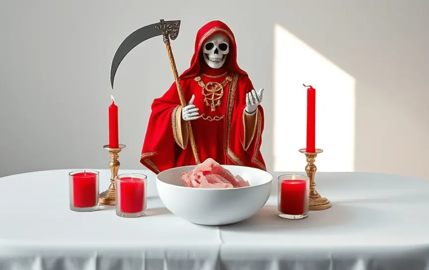 Oración a la Santa Muerte Roja para que Me Busque: Una figura de la Santa Muerte Roja con detalles dorados, sosteniendo una guadaña decorada. Frente a ella hay un bol blanco con una sustancia roja, rodeado de cuatro velas rojas encendidas en soportes dorados, todo dispuesto sobre un mantel blanco.