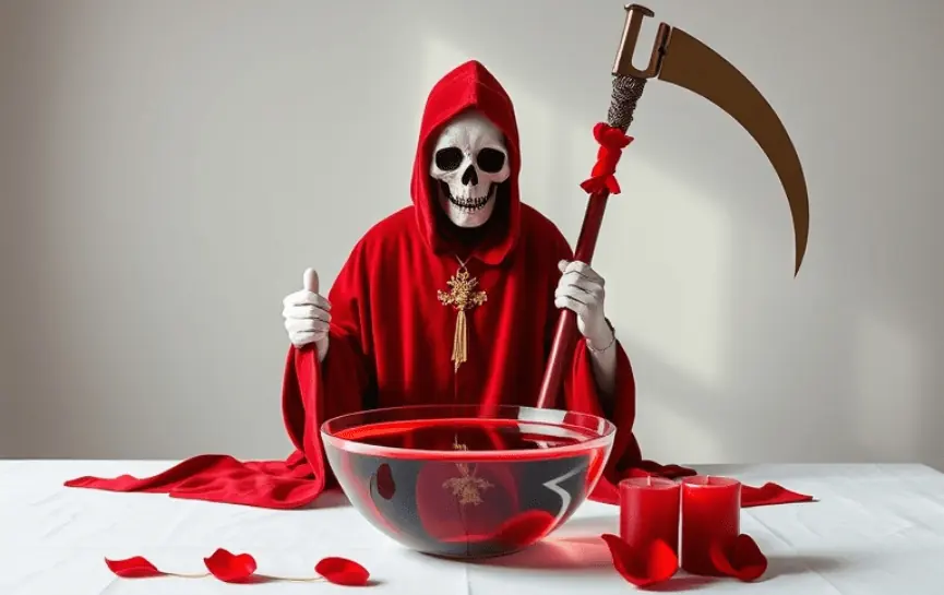 Oración a la Santa Muerte Roja para que Me Llame: Una figura de la Santa Muerte Roja portando una guadaña dorada y adornada, junto a un recipiente grande con líquido rojo, decorado con pétalos rojos y velas rojas encendidas en un altar sencillo.