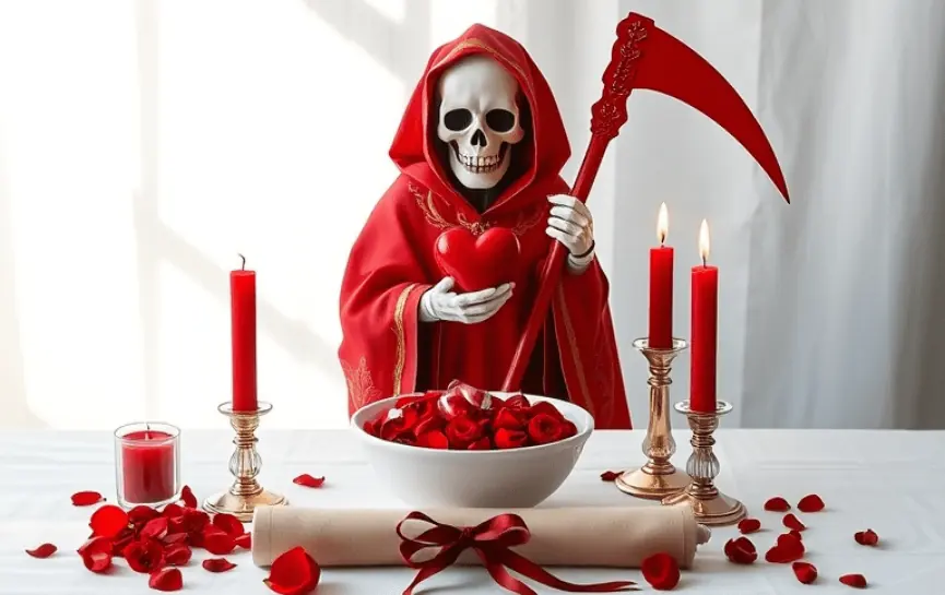 Oración a la Santa Muerte Roja para que Regrese mi Pareja: Una estatua de la Santa Muerte Roja sosteniendo un corazón rojo y una guadaña ornamentada, rodeada de un bol con pétalos rojos, dos velas altas rojas encendidas en candelabros dorados, y un pergamino con cinta roja sobre un altar decorado con pétalos rojos.