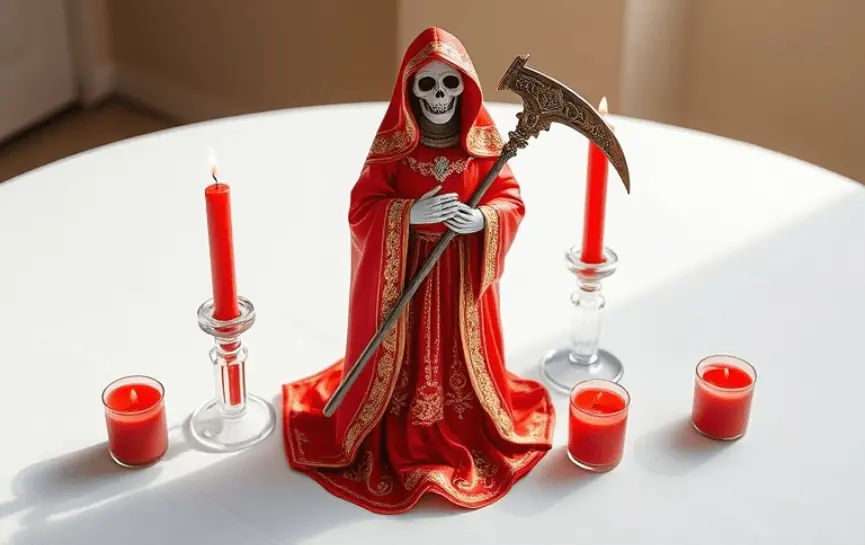 Oración a la Santa Muerte Roja: Una estatua de la Santa Muerte Roja con una guadaña decorativa, tres velas rojas encendidas y pequeños recipientes con pétalos rojos, en una mesa iluminada por la luz natural.