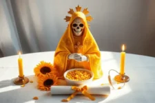 Oración a la Santa Muerte amarilla: Una estatua de la Santa Muerte amarilla frente a un bol con granos dorados, acompañada de velas encendidas, girasoles y un pergamino decorado con lazo amarillo, sobre un altar blanco iluminado.