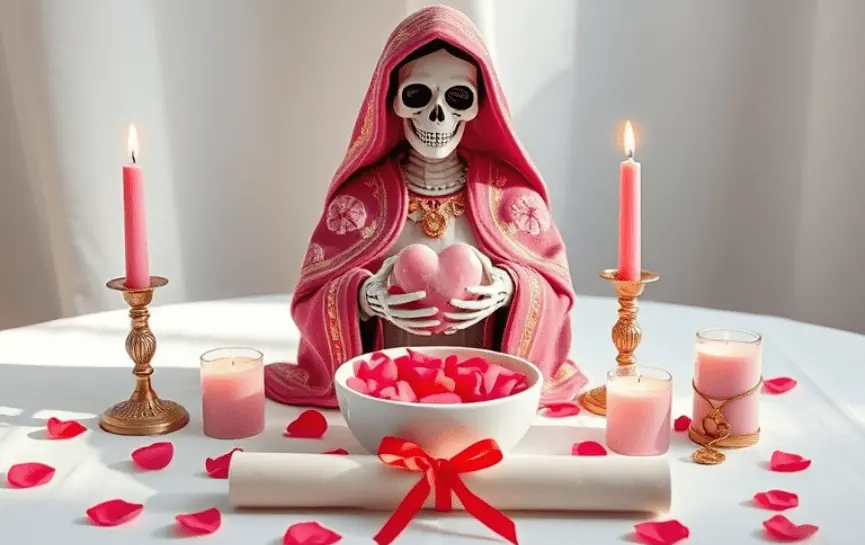 Oración a la Santa Muerte para Atraer el Amor: Figura de la Santa Muerte en rosa con un corazón en las manos, rodeada de velas rosas encendidas, un bol de pétalos rosados y un pergamino decorado con lazo rojo.