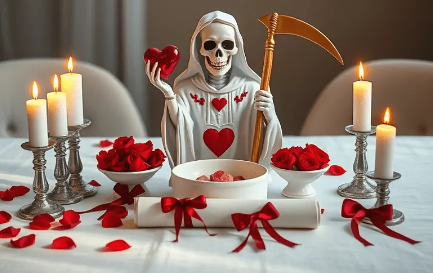 Oración a la Santa Muerte para Dominar un Amor: Figura de la Santa Muerte blanca con decoraciones de corazones rojos, sosteniendo un corazón y una guadaña dorada, rodeada de velas encendidas, pétalos y rosas rojas, bol con pétalos y pergaminos con listones rojos.