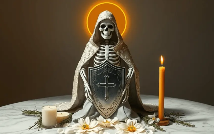 Oración de Protección de la Santa Muerte Blanca: Una estatua de la Santa Muerte con un halo dorado detrás, sosteniendo un escudo con una cruz grabada, acompañada de una vela amarilla y flores blancas decorativas sobre una mesa de mármol.