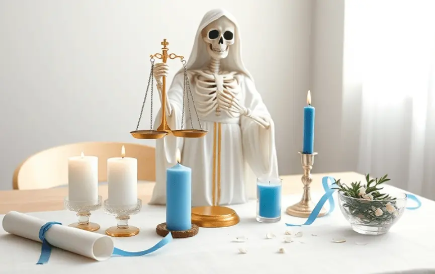 Oración de la Santa Muerte Blanca para Casos Difíciles: Una figura de la Santa Muerte Blanca sosteniendo una balanza dorada, acompañada de velas blancas y azules encendidas, un recipiente con ramas verdes y un pergamino con cinta azul sobre un altar blanco.