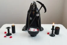 Oración de la Santísima Muerte Negra: Una estatua de la Santa Muerte Negra con su guadaña, flanqueada por velas negras encendidas y un tazón de pétalos rojos sobre un altar blanco.