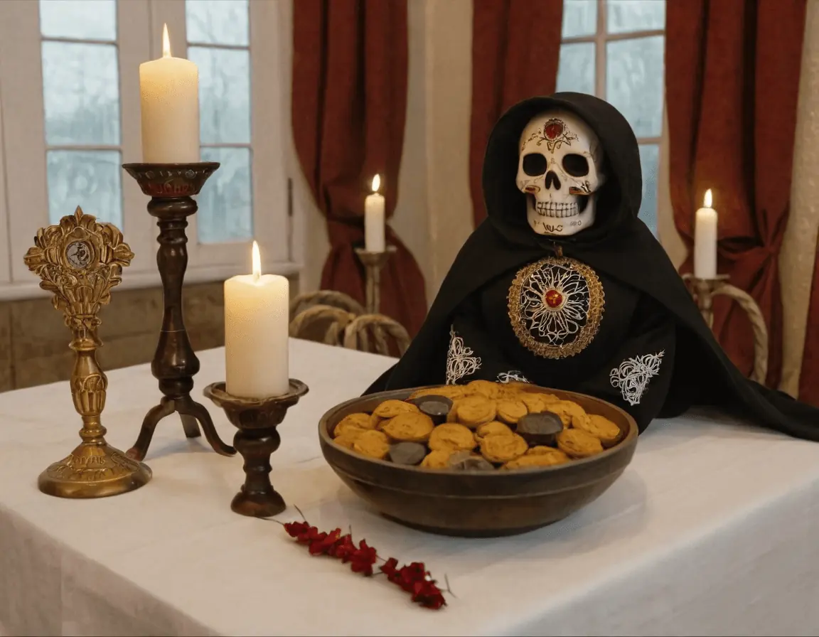 Qué dice la Biblia acerca de la Santa Muerte: Una estatua de la Santa Muerte decorada con detalles dorados, acompañada de cinco velas blancas encendidas, un bol de galletas y un candelabro dorado sobre un mantel blanco en un altar iluminado por luz natural.