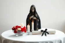 Qué enseña la Biblia sobre la muerte y su significado espiritual: Una figura de la Santa Muerte vestida de negro con tres velas blancas encendidas, un recipiente con rosas rojas y un pergamino atado con un lazo negro sobre un altar blanco.