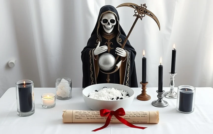 Qué es la Santa Muerte: Una estatua de la Santa Muerte Negra sosteniendo una esfera plateada y una guadaña ornamentada, rodeada de tres velas negras encendidas, una vela blanca, un bol con sal y objetos decorativos, en un altar blanco con un pergamino atado con cinta roja.