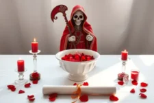 Qué es la Santa Muerte Roja y para qué Sirve: Una estatua de la Santa Muerte Roja con una guadaña ornamentada, rodeada de tres velas rojas encendidas, pétalos de rosas y un pergamino con cinta dorada sobre un altar blanco.