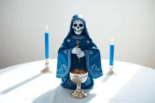 Oración Poderosa a la Santa Muerte Azul: Una estatua de la Santa Muerte Azul sosteniendo un cáliz dorado, decorada con detalles en plata y azul, acompañada de dos velas azules encendidas sobre candelabros plateados, todo dispuesto sobre un altar blanco minimalista.