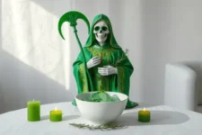 Significado de la Santa Muerte verde: Figura de la Santa Muerte Verde con guadaña y velas verdes, frente a un bol con piedras verdes y hojas frescas en un altar blanco.