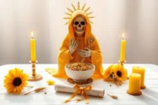 Soñar con la Santa Muerte Amarilla: Una figura de la Santa Muerte Amarilla con un manto detallado, frente a un bol con semillas amarillas, rodeada de girasoles y velas amarillas encendidas sobre un altar blanco.