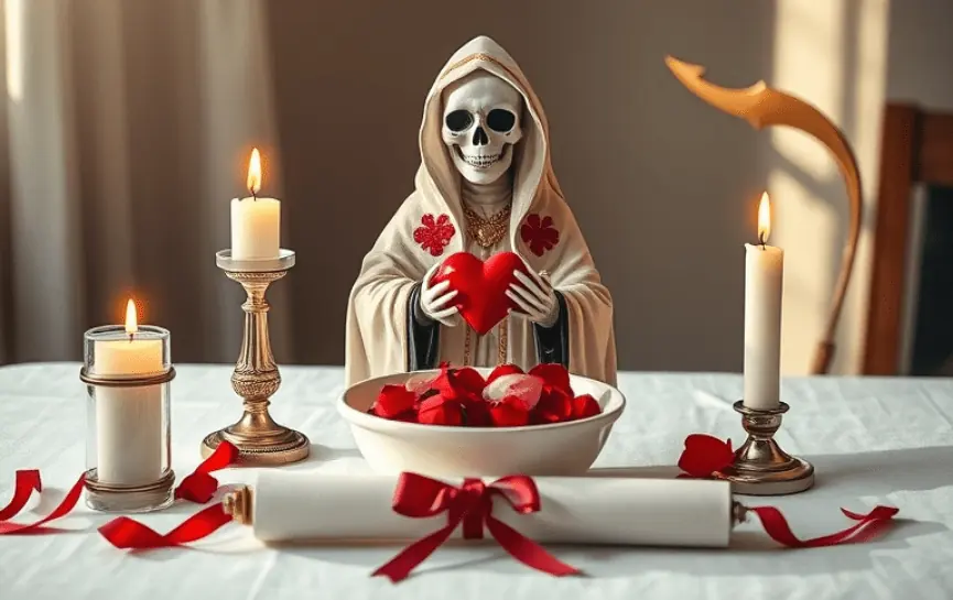 Oración a la Santa Muerte para el Amor: Santa Muerte blanca con un corazón rojo. Acompañada de un bol con pétalos rojos, velas blancas encendidas y un pergamino con cinta roja, todo sobre un altar sencillo.