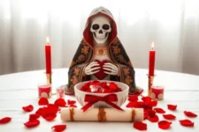 Santa muerte amarre de amor: Estatua de la Santa Muerte en manto oscuro y dorado, sosteniendo un corazón, junto a un bol con pétalos rojos, con dos velas rojas encendidas en un altar blanco.