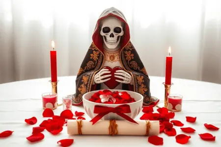 Oración a la Santa Muerte para el Amarre de Amor 7 Santa muerte amarre de amor: Estatua de la Santa Muerte en manto oscuro y dorado, sosteniendo un corazón, junto a un bol con pétalos rojos, con dos velas rojas encendidas en un altar blanco.