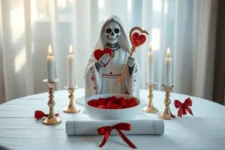 Santa muerte para el amor: Santa Muerte blanca con detalles rojos, sosteniendo un corazón y un báculo. Frente a ella, un bol con pétalos rojos, velas blancas encendidas y un pergamino con cinta roja sobre un altar blanco.