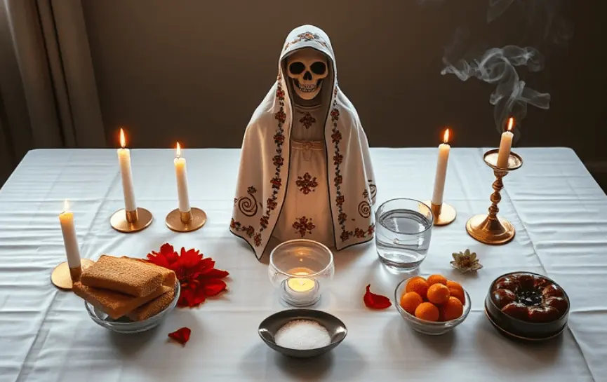 Cómo Hacer un Altar a la Santa Muerte.png: Estatua de la Santa Muerte con manto blanco adornado con flores rojas. El altar incluye velas encendidas, agua, sal, frutas como mandarinas, pan y un anillo decorativo, con humo de incienso como fondo.