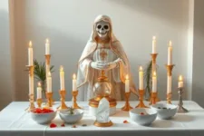 Cómo Hacer una Novena a la Santísima Muerte: Estatua de la Santa Muerte vestida de blanco y dorado, sosteniendo un cáliz, acompañada de nueve velas en candelabros dorados sobre un altar con boles blancos, hierbas y detalles decorativos. Ambiente elegante y ceremonial.