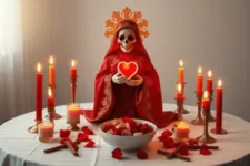 Cómo Realizar la Novena a la Santa Muerte para el Amor: Estatua de la Santa Muerte con manto rojo bordado, rodeada de velas encendidas y pétalos rojos. El altar incluye un bol con elementos decorativos, rodeado de cruces y velas dispuestas en círculo.