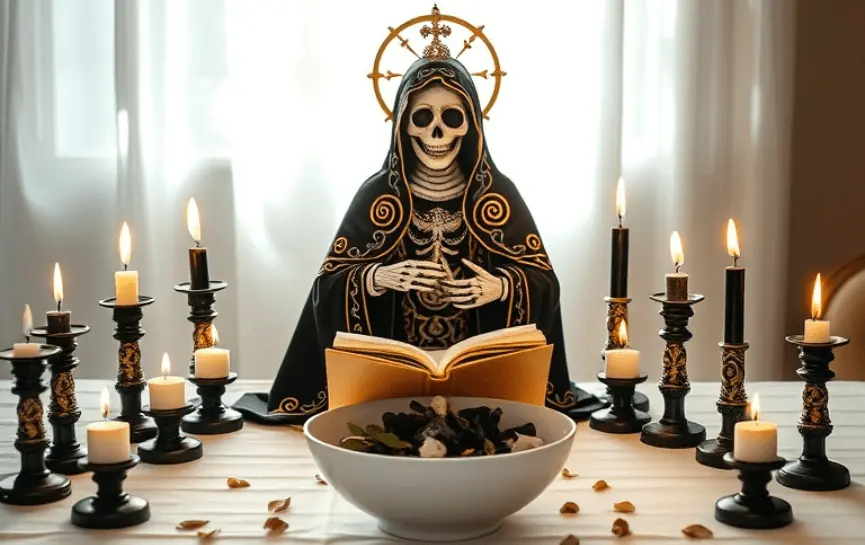 Cuáles son Los 10 Mandamientos de la Santa Muerte: Estatua de la Santa Muerte en manto negro con detalles dorados y una corona, colocada sobre un altar con velas negras encendidas. Frente a ella, un libro abierto y un bol con elementos oscuros y hojas verdes, en un ambiente sereno con luz tenue.