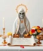 Diferencias clave entre la Santa Muerte y la Santería: Estatua de la Santa Muerte vestida de blanco con detalles dorados, colocada sobre un altar blanco adornado con flores, velas encendidas y un pergamino enrollado. Escenario ordenado que destaca elementos ritualísticos y espirituales.