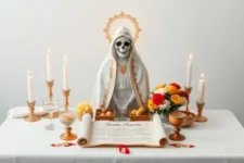 Diferencias clave entre la Santa Muerte y la Santería: Estatua de la Santa Muerte vestida de blanco con detalles dorados, colocada sobre un altar blanco adornado con flores, velas encendidas y un pergamino enrollado. Escenario ordenado que destaca elementos ritualísticos y espirituales.