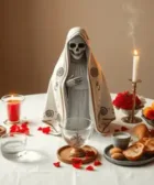 Hacer un altar para la santa muerte.png: Figura de la Santa Muerte en un manto blanco decorado con detalles simples, colocada en un altar con velas encendidas, agua, pan y frutas. Elementos decorativos incluyen pétalos rojos y humo de incienso.