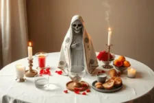 Hacer un altar para la santa muerte.png: Figura de la Santa Muerte en un manto blanco decorado con detalles simples, colocada en un altar con velas encendidas, agua, pan y frutas. Elementos decorativos incluyen pétalos rojos y humo de incienso.