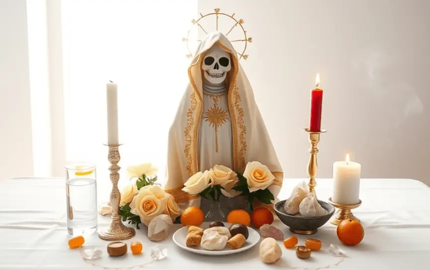 La Santa Muerte es Santería: Figura de la Santa Muerte en manto blanco con detalles dorados, rodeada de ofrendas como velas encendidas, frutas y pan dulce en un altar decorado con flores amarillas y blancas. Presenta un ambiente limpio y solemne con elementos espirituales.