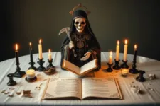 Los Diez Mandamientos de la Santa Muerte: Figura de la Santa Muerte en manto negro bordado con detalles dorados, sosteniendo una guadaña sobre un altar decorado con velas negras y blancas encendidas. Un libro abierto con inscripciones en el centro del altar, rodeado de pétalos blancos y pequeños elementos decorativos.