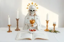 Manifestaciones de la Santa Muerte y sus Propósitos: Estatua de la Santa Muerte con manto blanco adornado con detalles dorados, sosteniendo un cáliz dorado. El altar incluye velas encendidas, un libro abierto y decoraciones naturales como ramas y flores.