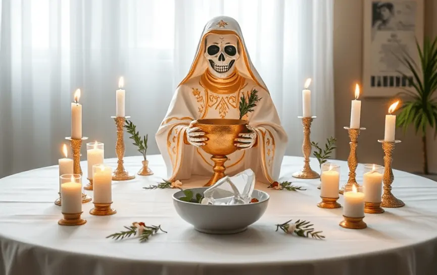 Novena a la Santa Muerte Blanca: Estatua de la Santa Muerte en manto blanco y dorado, con un cáliz dorado, rodeada de velas encendidas, un bol decorativo con cristales blancos y ramas verdes sobre un altar blanco.