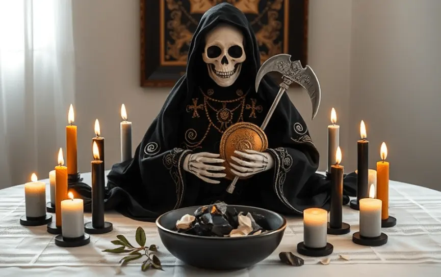 Novena a la Santa Muerte Negra: Estatua de la Santa Muerte en manto negro adornado con detalles dorados, portando una guadaña y un escudo, acompañada de velas negras y blancas encendidas. El altar incluye un bol negro con ofrendas y elementos decorativos como piedras y hojas.