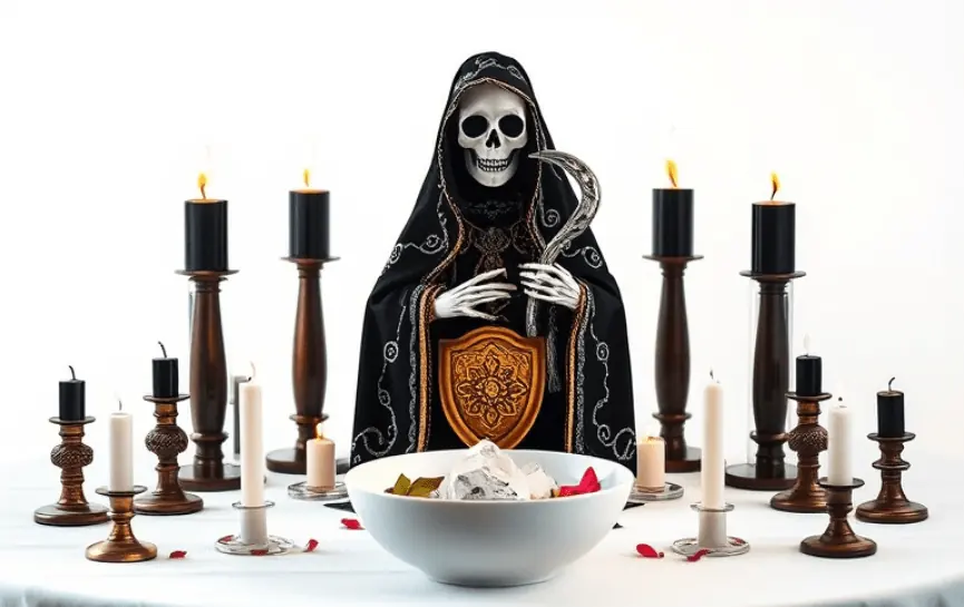 Novena a la Santa Muerte para Casos Difíciles: Estatua de la Santa Muerte en manto negro con detalles plateados, sosteniendo una guadaña y un escudo dorado. El altar incluye velas encendidas negras y blancas, pétalos decorativos y un bol blanco con hojas, flores y otros símbolos espirituales.