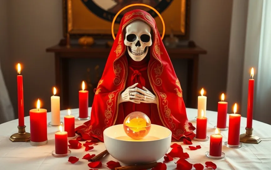 Novena a la Santa Muerte para Dominar: Estatua de la Santa Muerte vestida con manto rojo, rodeada de velas encendidas rojas y blancas, con un bol blanco decorado con pétalos y una esfera dorada en su interior, simbolizando el dominio y la fuerza espiritual.